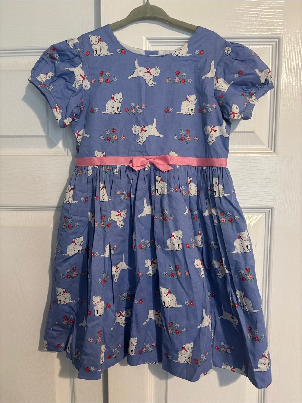 Rachel Riley Blue Dress with White Cat Print and Pink Waist Bow